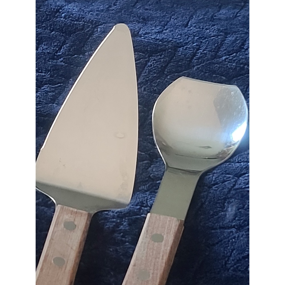 Vintage Vernon Stainless Steel Serving Set Wood Handle Pie Server & Spoon 10"
